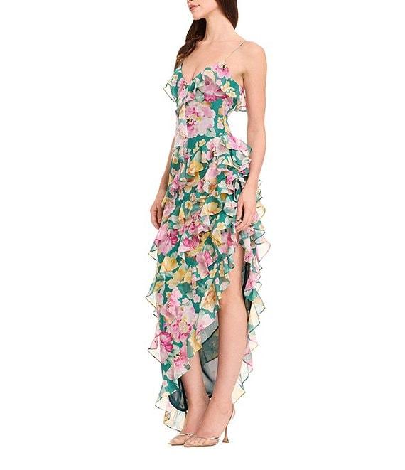 Dress the Population Josefina V-Neck Strapless Floral Print Georgette Ruffle Asymmetrical Maxi Dress Product Image