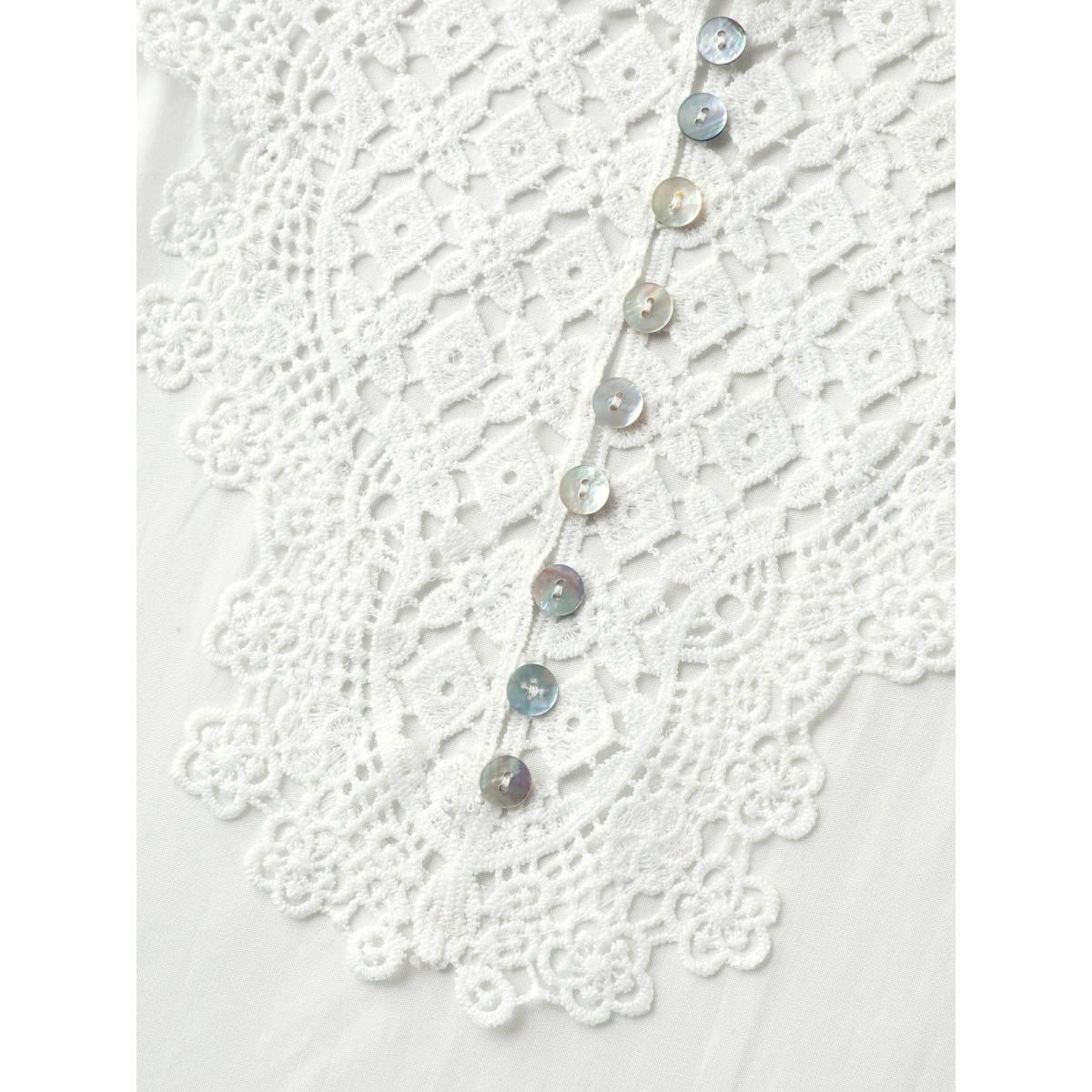 Plus Size WhiteSmoke Lace Spliced Button Detail Blouse Women Elbow-length sleeve Round Neck Elegant Blouses BloomChic 26/4X Product Image