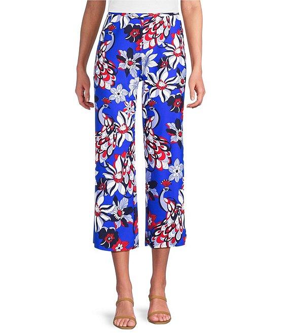Jude Connally Trixie Twirling Peacock Print Stretch Knit Wide Leg Cropped Coordinating Pull-On Pants Product Image
