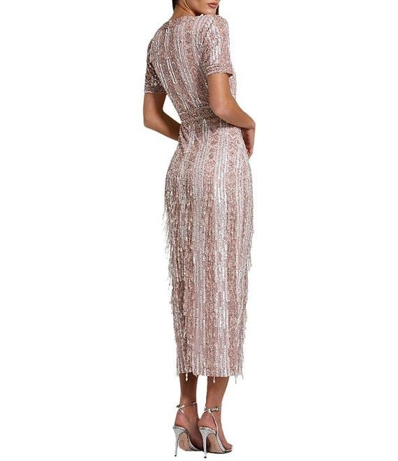Mac Duggal Short Sleeve Sequined Beaded Sheath Midi Dress Product Image