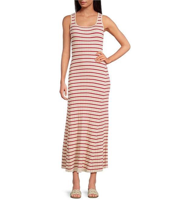 Skies Are Blue Striped Rib Knit Square Neck Sleeves Sheath Maxi Dress Product Image