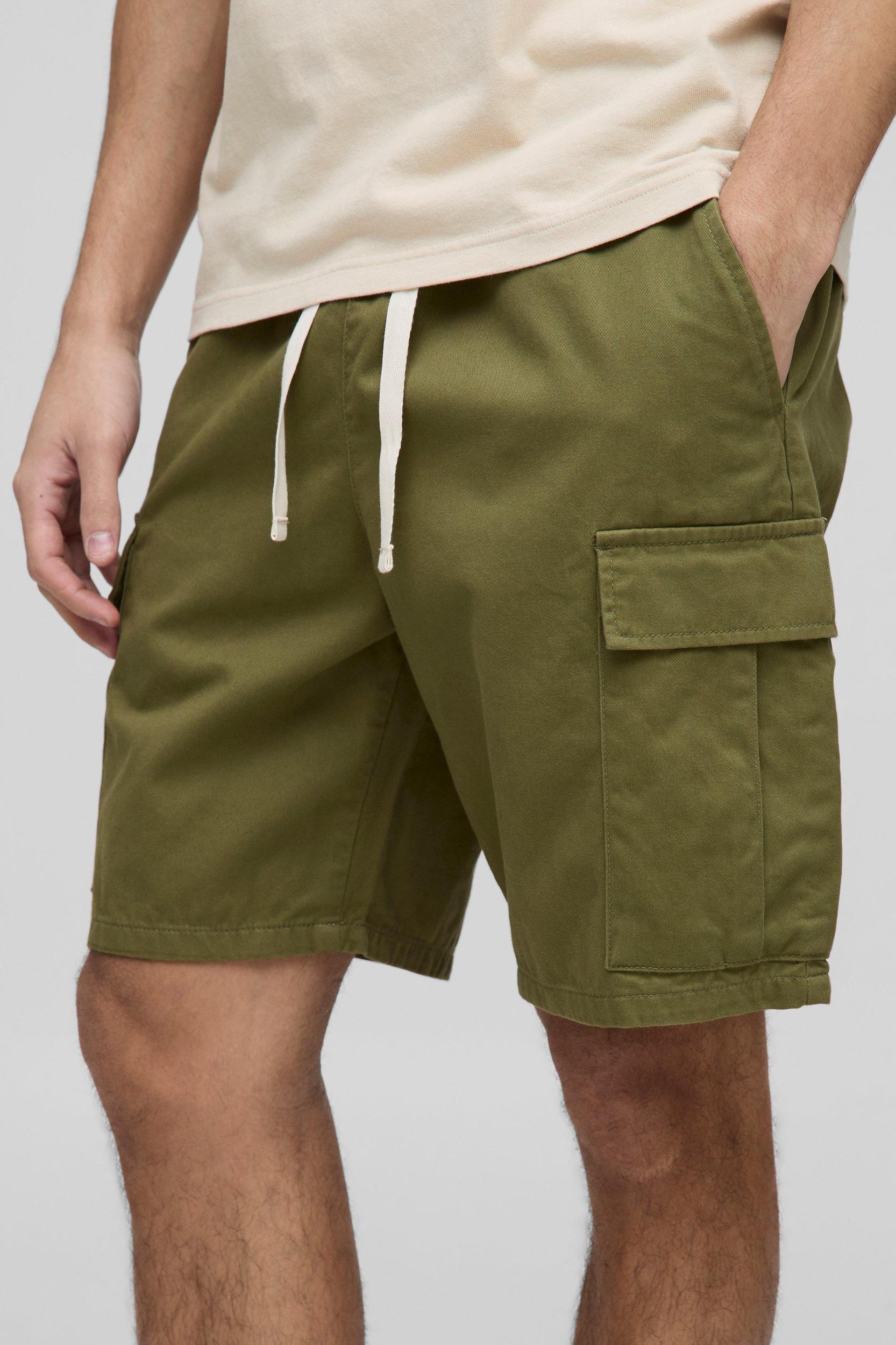 Elasticated Waist Khaki Relaxed Fit Cargo Shorts | boohooMAN USA Product Image