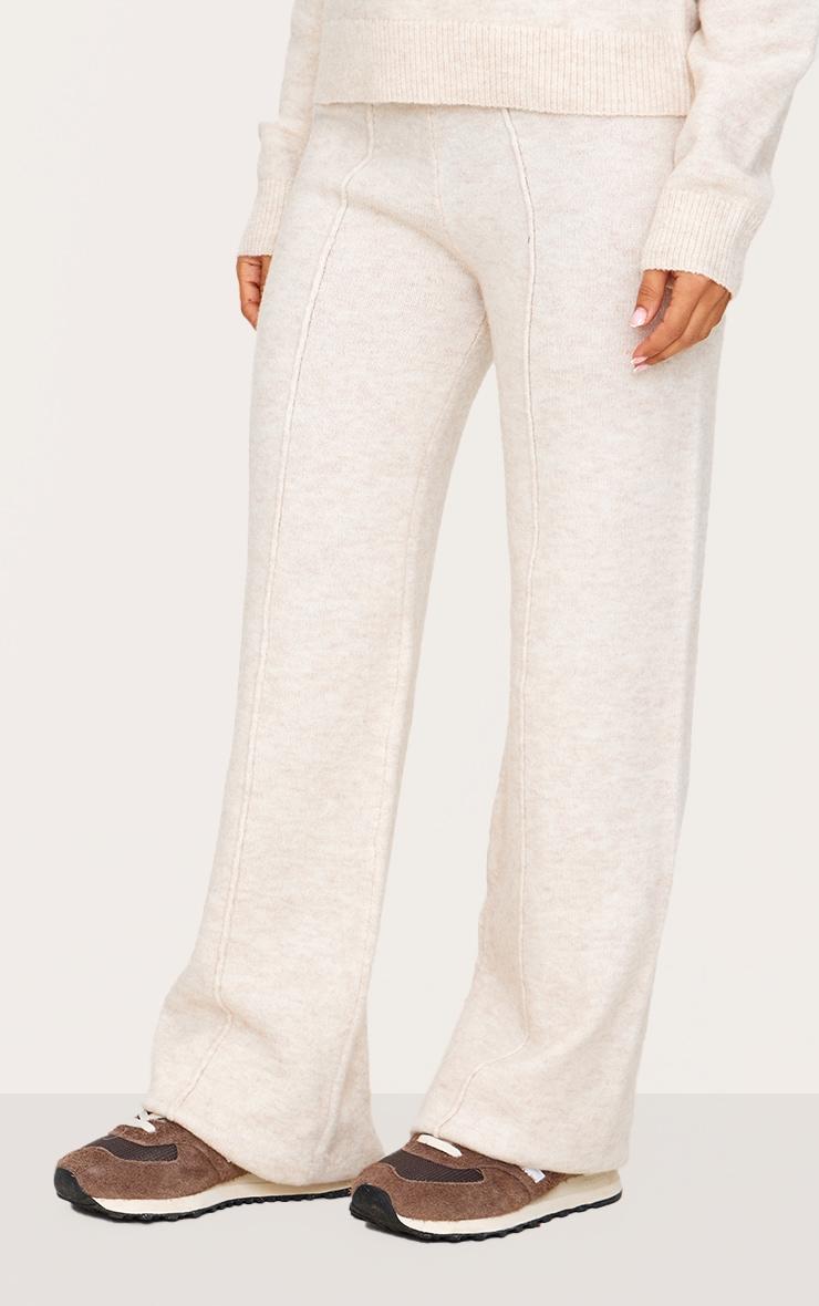Petite Oatmeal Knitted Seam Detail Wide Leg Pants Product Image