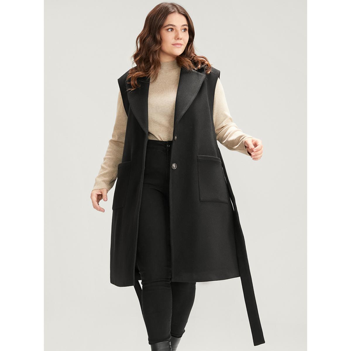 Plus Size Solid Suit Collar Pocket Belted Sleeveless Coat Women Black Office Cross straps Ladies Office Winter Coats BloomChic 26/4X Product Image