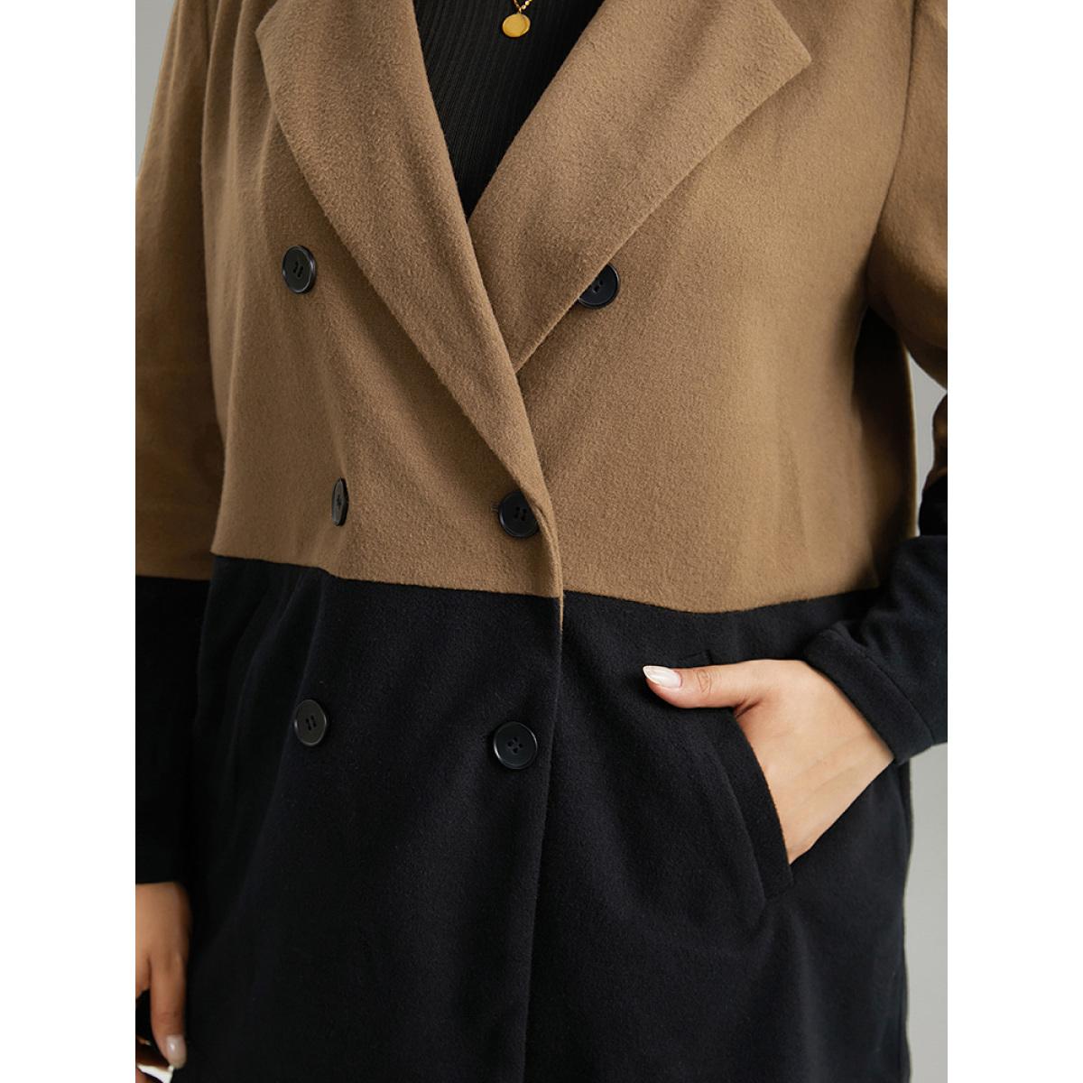 Plus Size Contrast Lapel Collar Double Breasted Pocket Coat Women DarkBrown Casual Contrast Ladies Dailywear Winter Coats BloomChic 26/4X Product Image