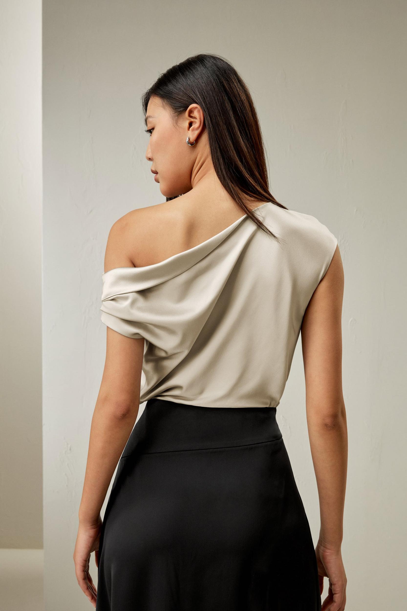 LILYSILK Regular Fit Boat Neck One-Shoulder Silk Top | Luxurious Silk Tops For Women-91T5398 - Light Apricot - 6 Product Image