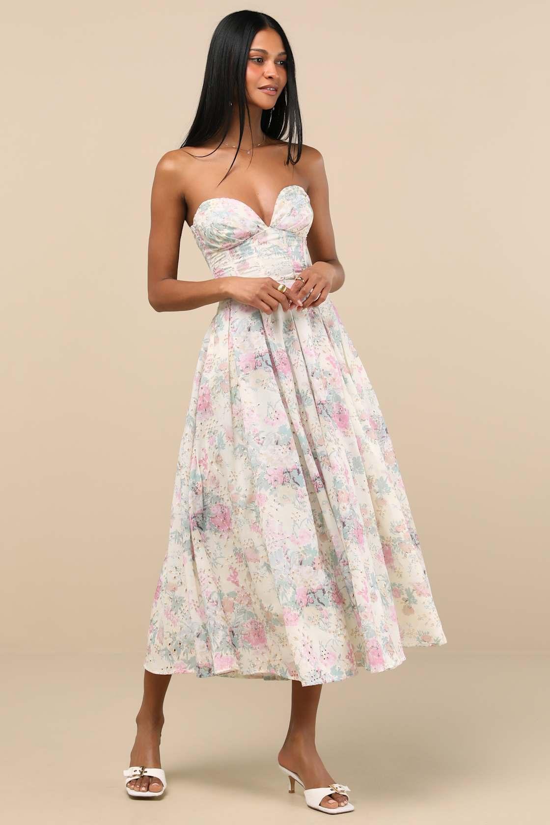 Ebba Ivory Floral Eyelet Embroidered Strapless Midi Dress Product Image