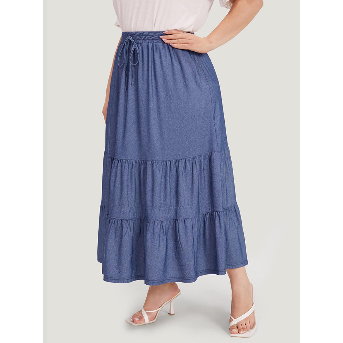 Plus Size Plain Ties Gathered Ruffle Layered Hem Skirt Women Indigo Elegant Plain No stretch Pocket Dailywear Skirts BloomChic 22-24/3X Product Image