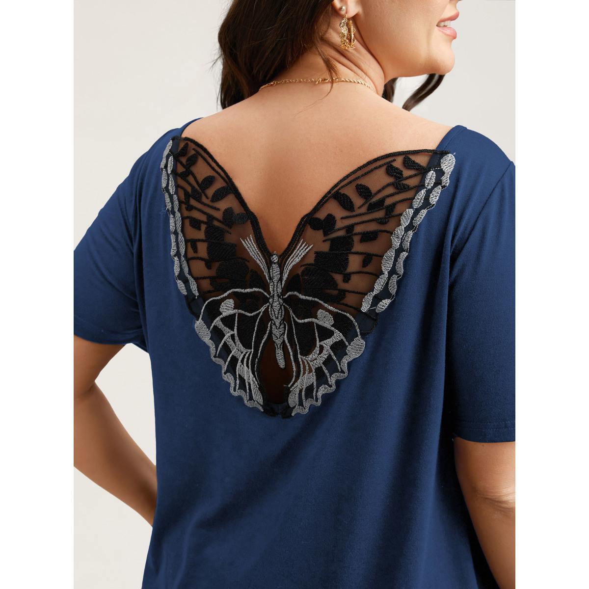 Plus Size Butterfly Back Stretchy Round Neck T-Shirt Indigo Women Leisure See through Round Neck Casual T-shirts BloomChic 12/L Product Image