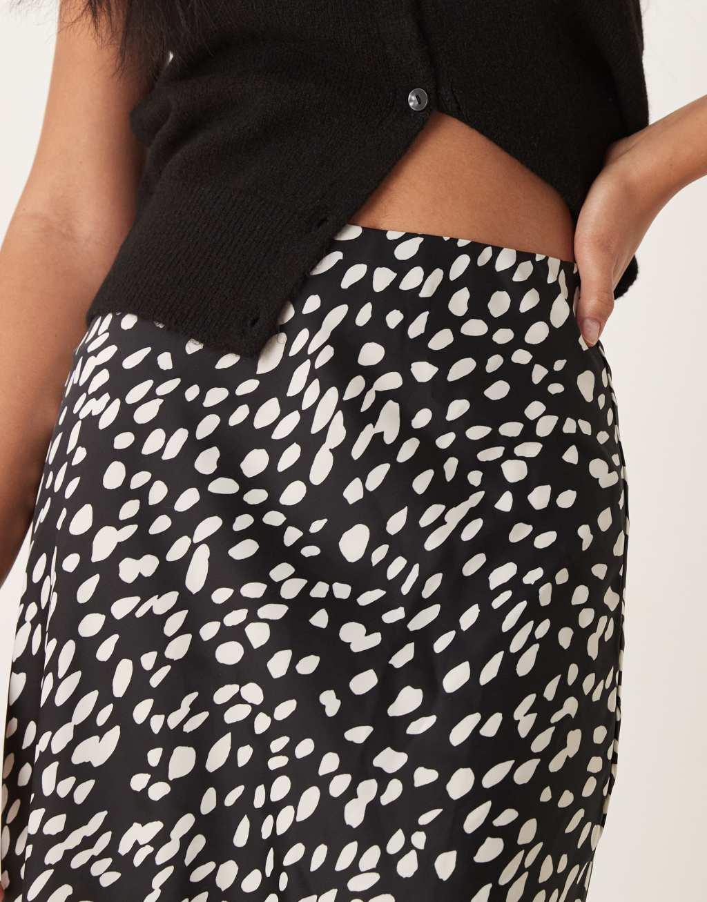YAS satin midi skirt in black and white splotch print Product Image