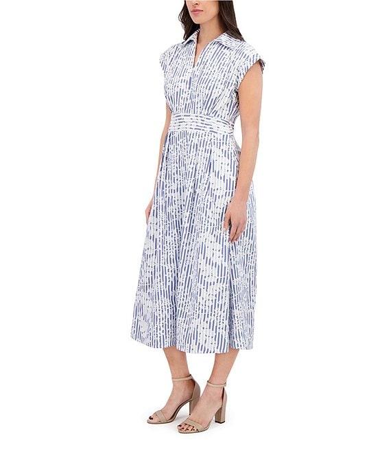 Kensie Embroidered Woven Stripe Print Point Collar Neck Short Sleeve Shirt Midi Dress Product Image