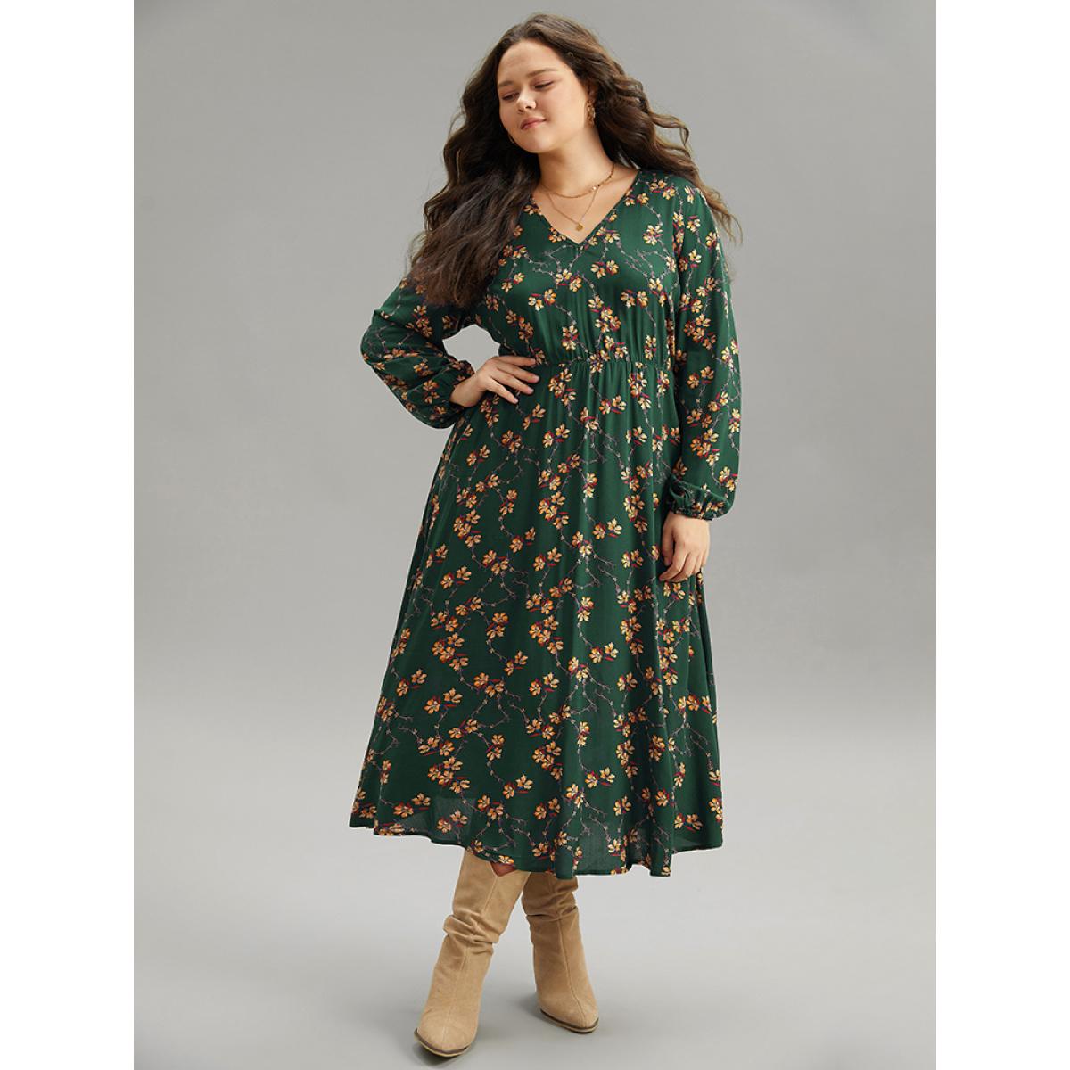 Plus Size Floral Print Elastic Waist Lantern Sleeve Dress DarkGreen Women Elegant Elastic cuffs V-neck Long Sleeve Curvy Midi Dress BloomChic 22-24/3X Product Image