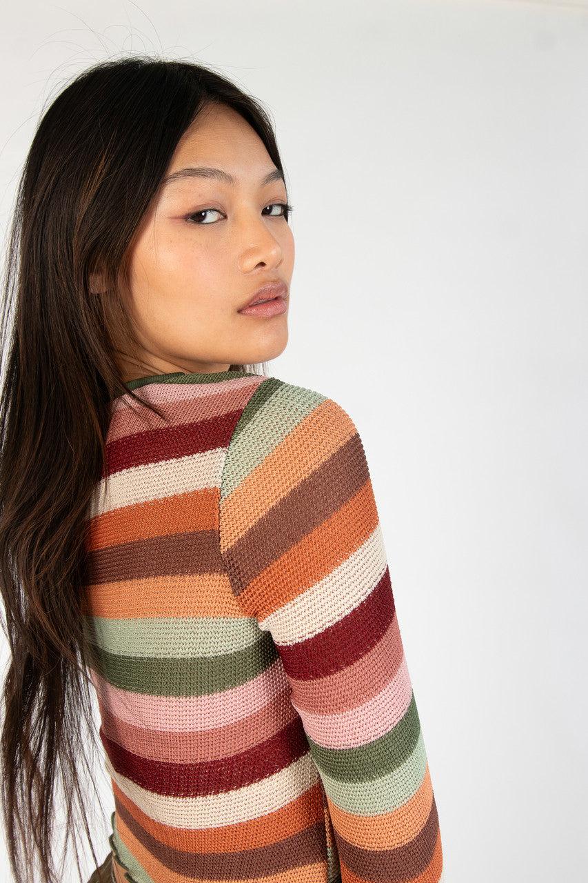 Cactus Flower Bell Sleeve Crochet Stripe Sweater Product Image