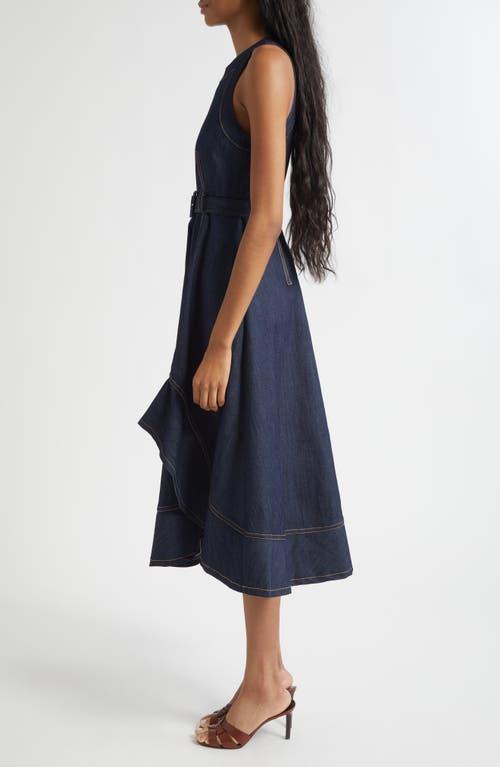 CINQ À SEPT Zelda Belted Asymmetric Sleeveless Denim Midi Dress In Indigo Product Image