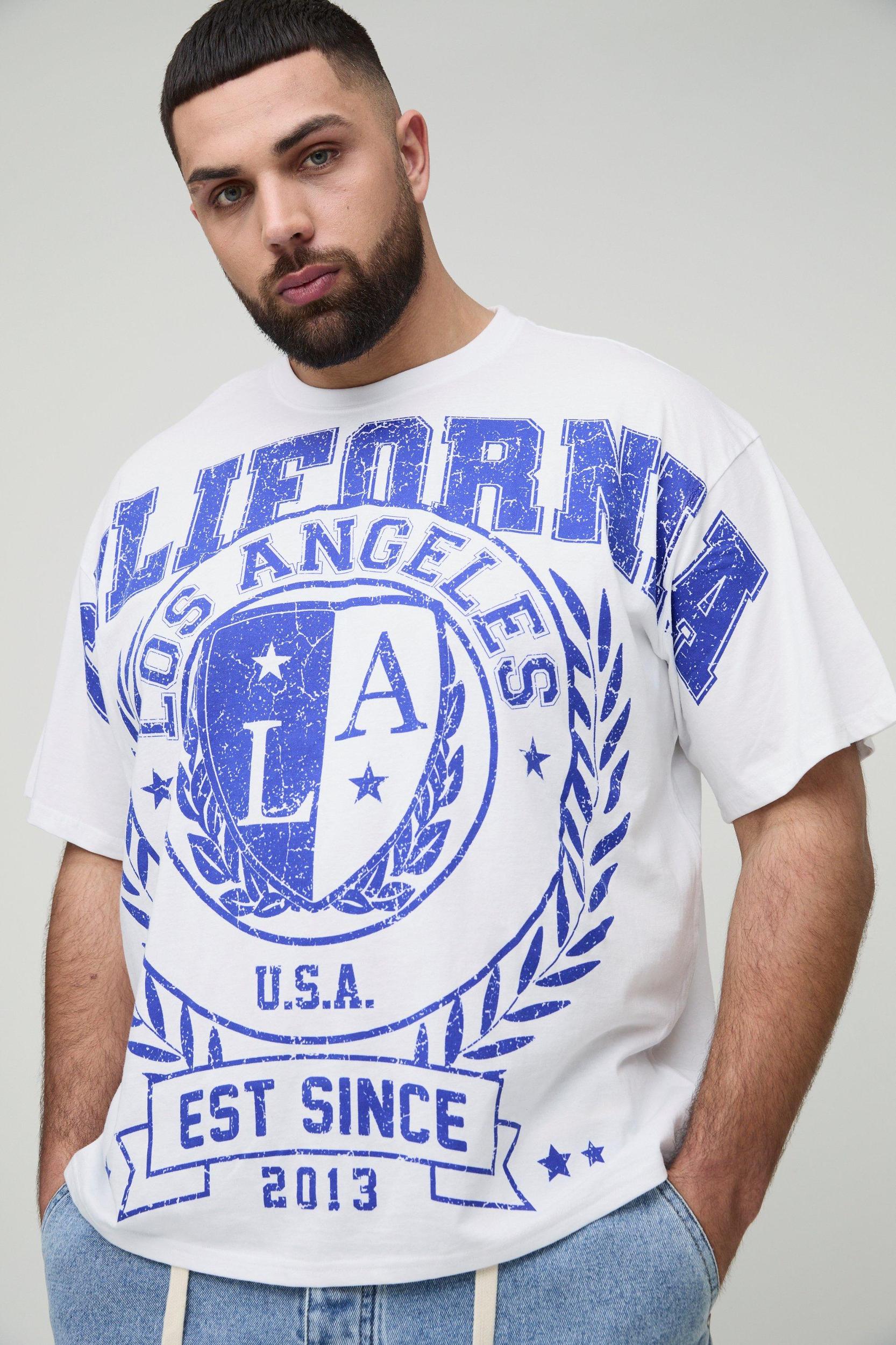 Plus Oversized California Over The Seam Varsity Print T-Shirt | boohooMAN USA Product Image