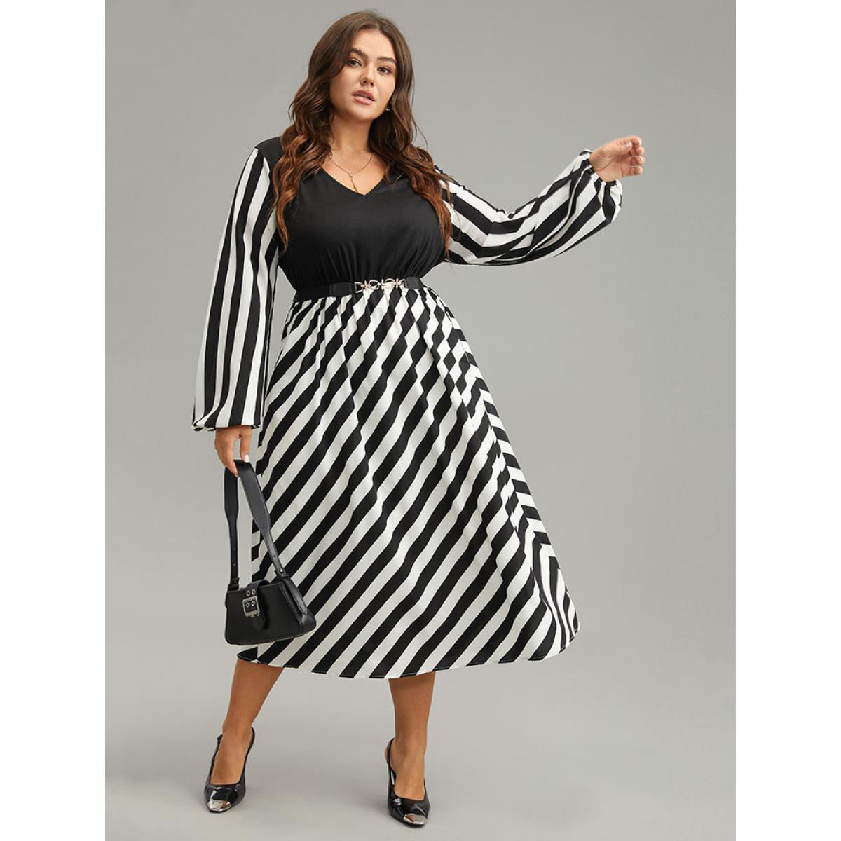 Plus Size Striped Patchwork Elastic Waist Lantern Sleeve Dress Black Women At the Office Elastic cuffs V-neck Long Sleeve Curvy Midi Dress BloomChic 26/4X Product Image