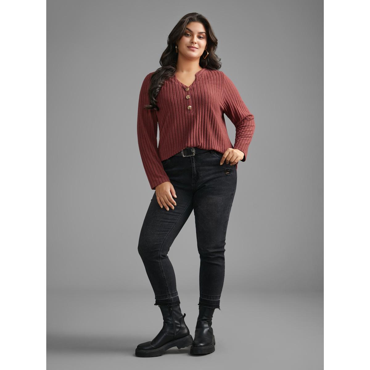 Plus Size Texture Notched Collar Button Up T-shirt Maroon Women Casual Texture Notched collar Everyday T-shirts BloomChic 12/L Product Image