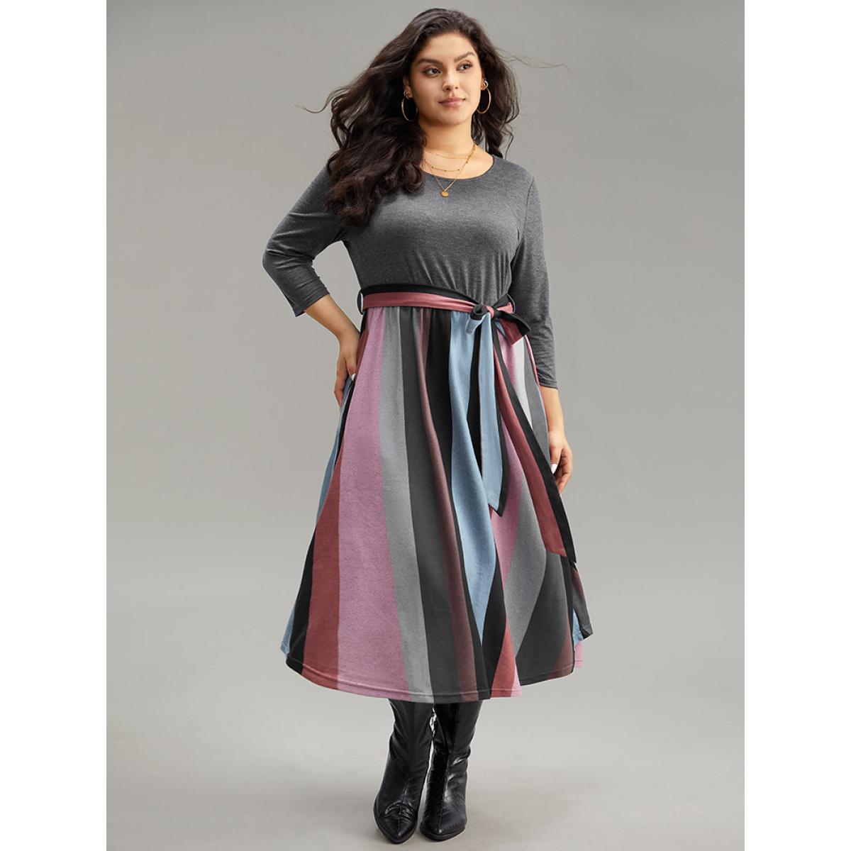 Plus Size Striped Contrast Patchwork Belted Dress DimGray Women Casual Belted Round Neck Elbow-length sleeve Curvy Midi Dress BloomChic 26/4X Product Image