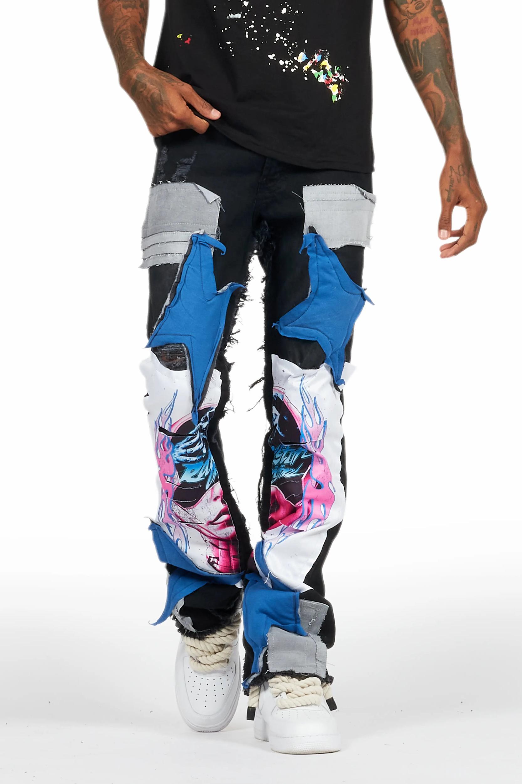 Helios Dark Grey Patchwork Stacked Flare Jean Male Product Image