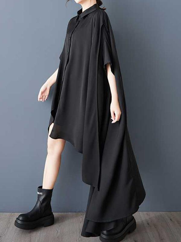 A-Line Half Sleeves Asymmetric Buttoned Pockets Solid Color Lapel Midi Dresses Shirt Dress Product Image