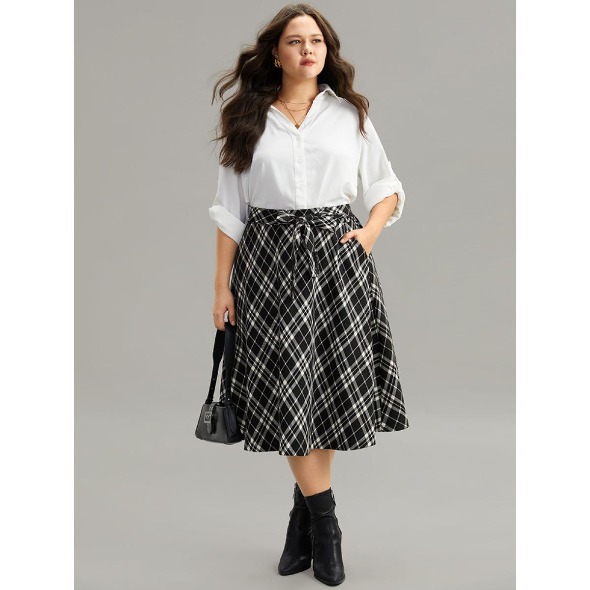 Plus Size Plaid Elastic Waist Knot Ties Skirt Women Black Office Cross straps No stretch Pocket Work Skirts BloomChic 30/6X Product Image