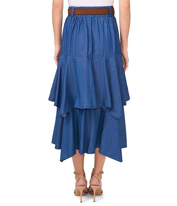CeCe Denim Belted Tiered Midi A-Line Skirt Product Image