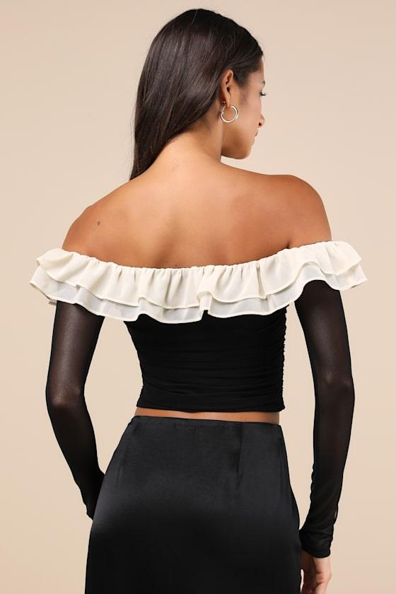 Extraordinary Flirt Black Mesh Ruffled Crop Top Product Image