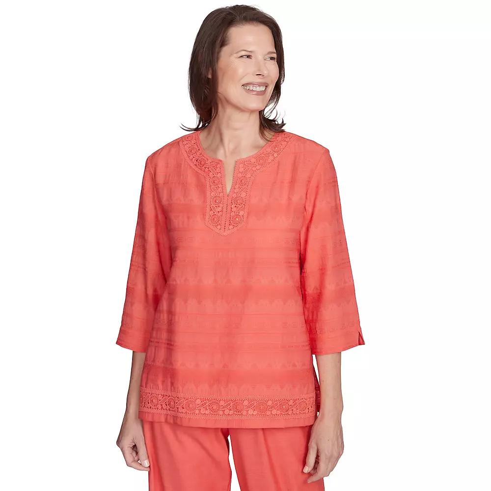 Women's Alfred Dunner Solid Textured Lace Trim Top, Size: Medium, Orange Product Image