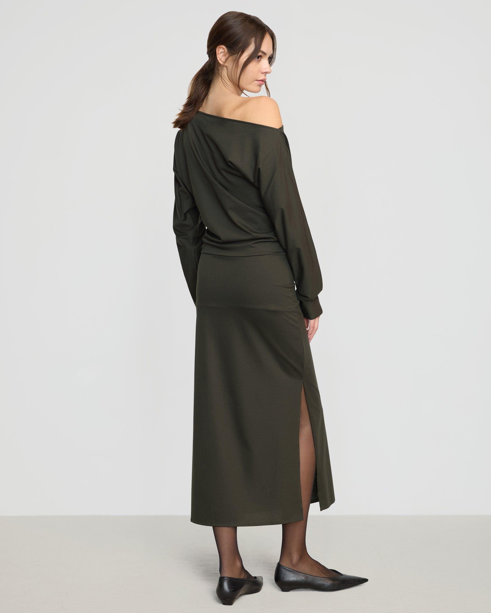 Kezia Off-Shoulder Satin Jersey Dress Product Image