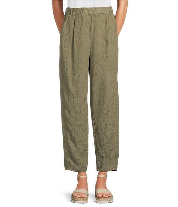 Eileen Fisher Puckered Organic Linen Yarn-Dyed Stripe Elastic Waist Pull-On Pants Product Image