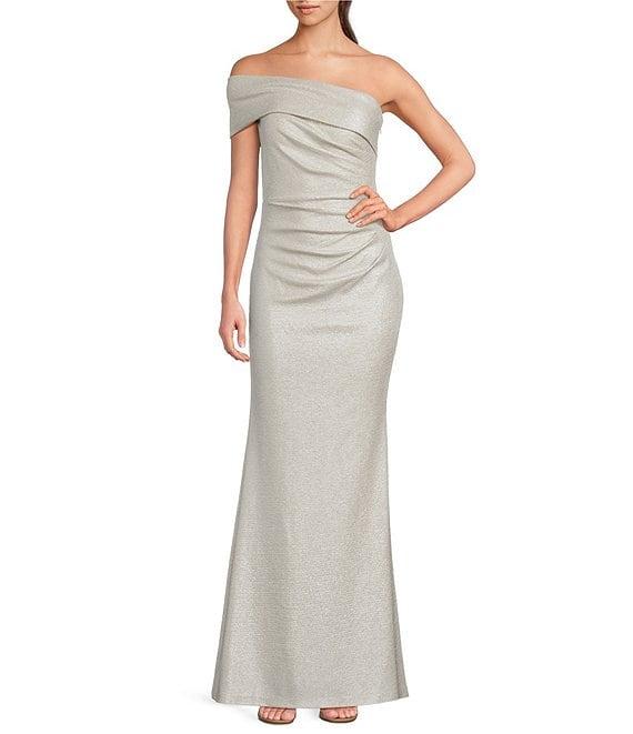Eliza J Off-the-Shoulder Short Sleeve Side Ruched Foiled Knit Sheath Gown Product Image