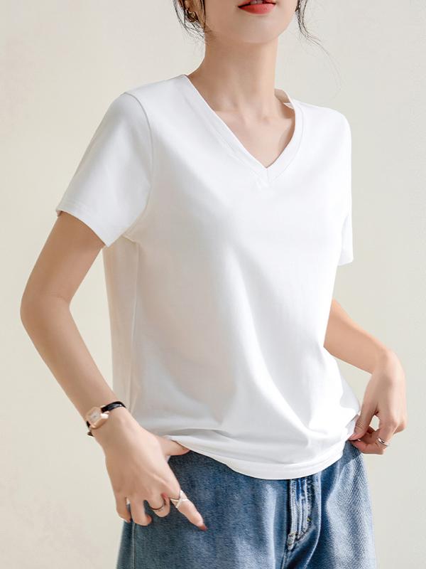 Loose Short Sleeves Solid Color V-Neck T-Shirts Tops Product Image