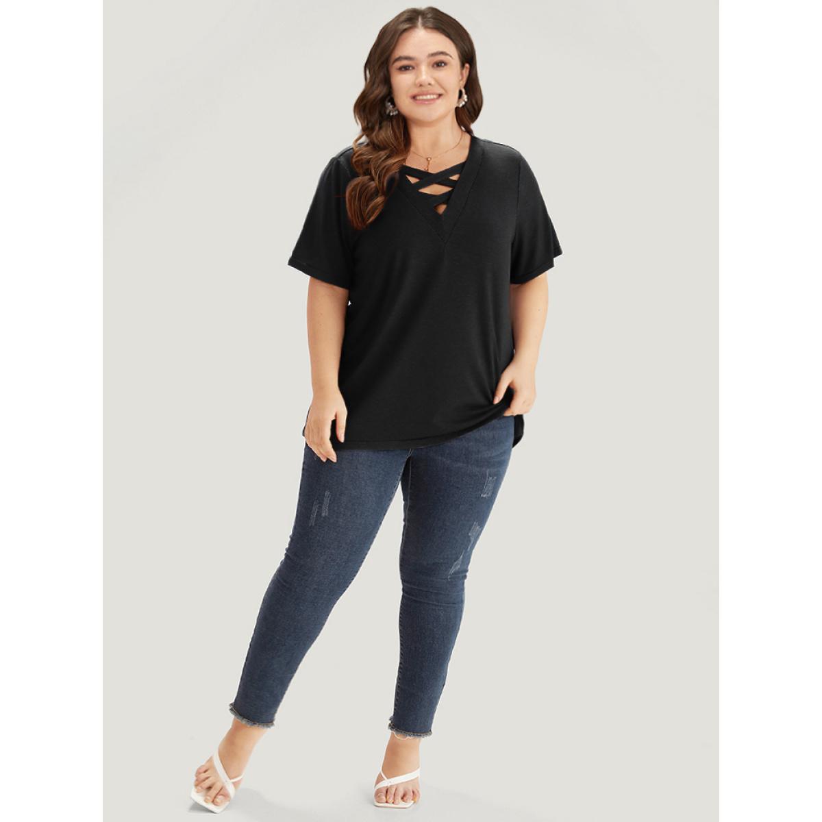 Plus Size Plain Heather Crisscross V Neck T-shirt Black Women Casual Heather Plain V-neck Dailywear T-shirts BloomChic 10/M Product Image
