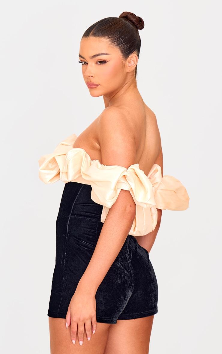 Black Contrast Bardot Puff Sleeve Velvet Romper Product Image