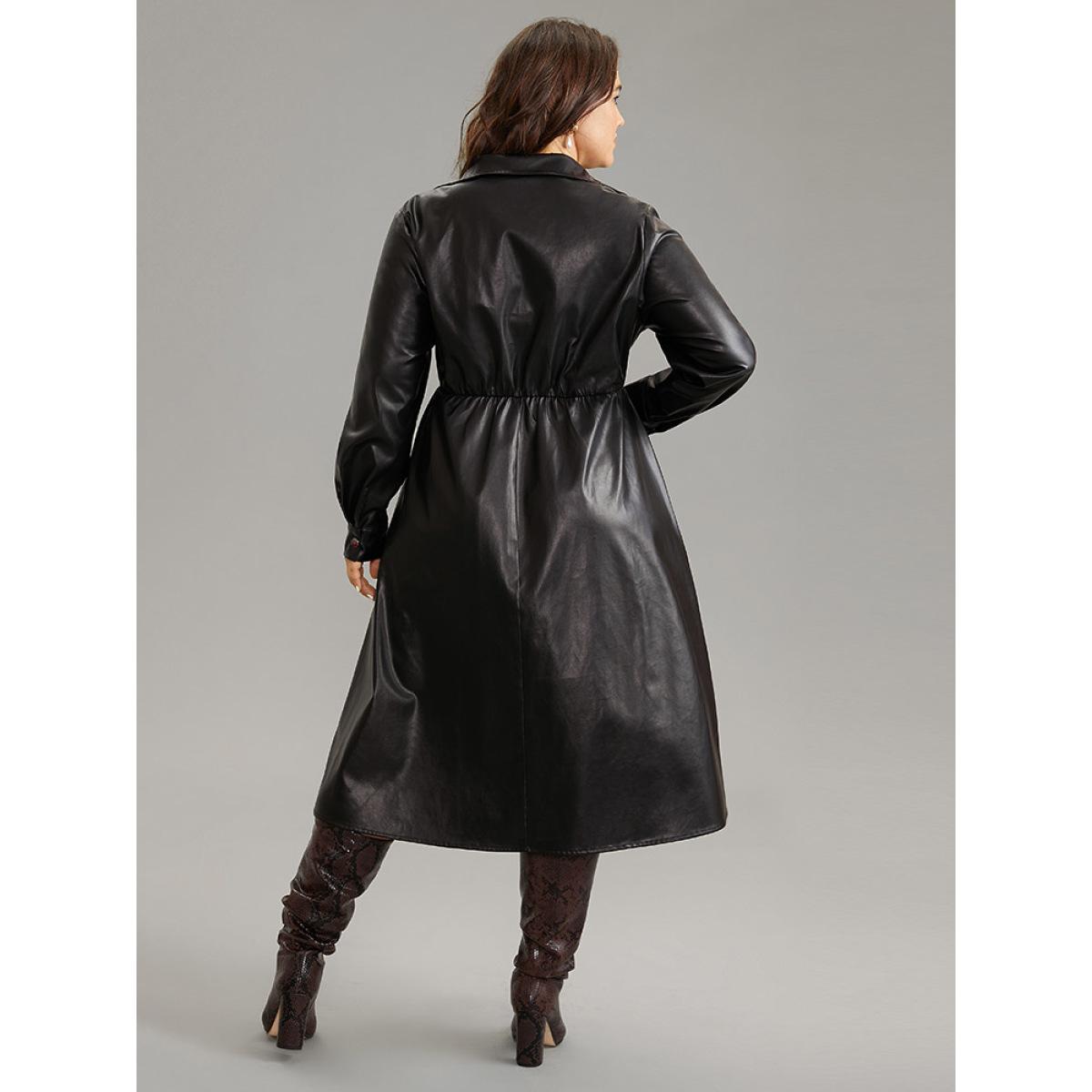 Plus Size PU Leather Elastic Waist Button Up Dress Black Women Office Plain Shirt collar Long Sleeve Curvy Midi Dress BloomChic 10/M Product Image