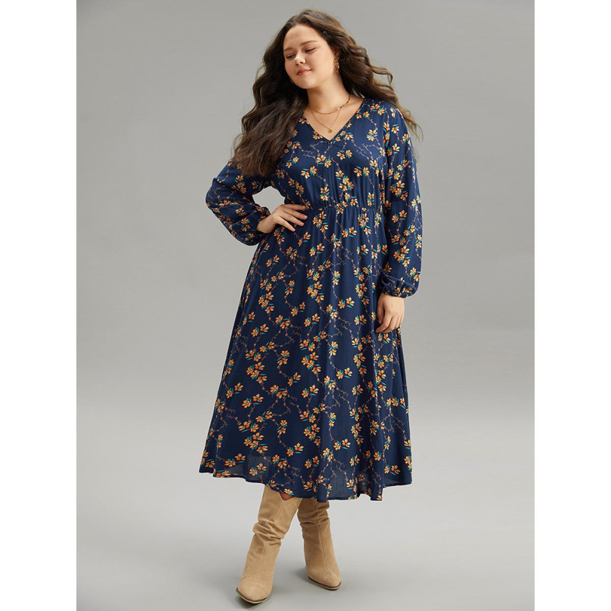 Plus Size Floral Print Elastic Waist Lantern Sleeve Dress DarkBlue Women Elegant Elastic cuffs V-neck Long Sleeve Curvy Midi Dress BloomChic 26/4X Product Image