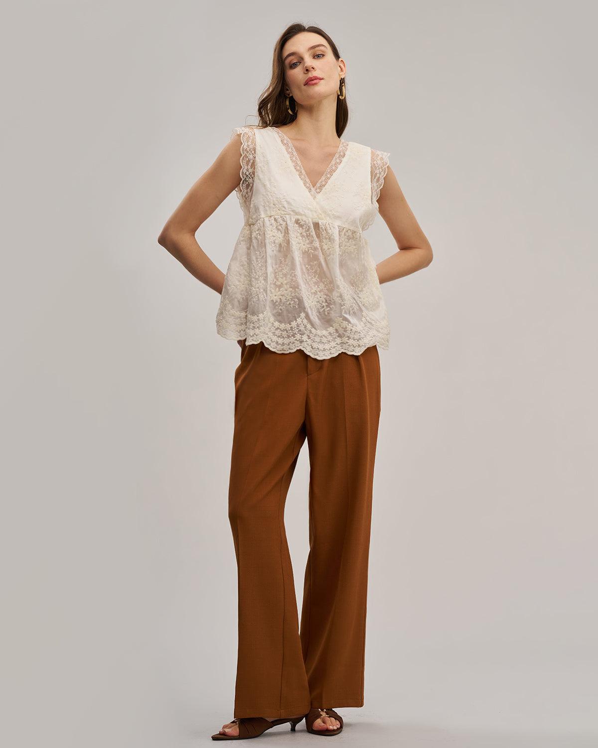 Apricot V Neck Lace See-Through Tank Top Product Image