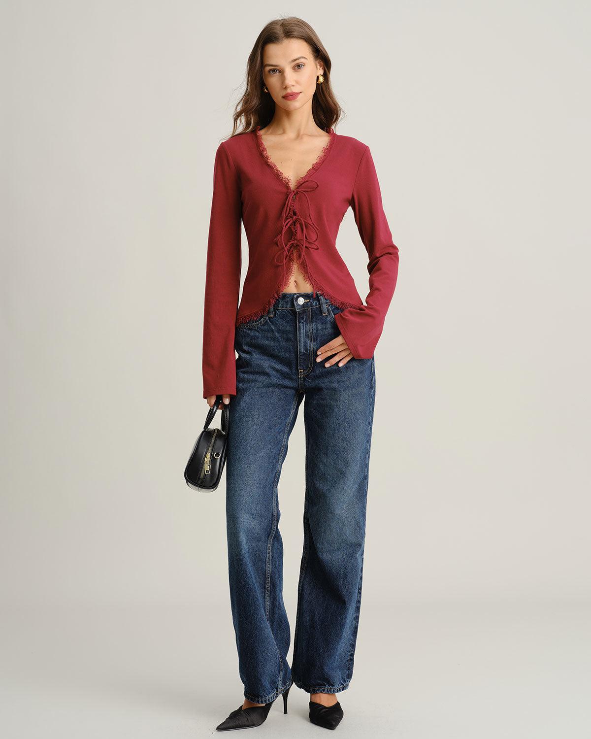 Red V Neck Tie-front Cardigan Product Image