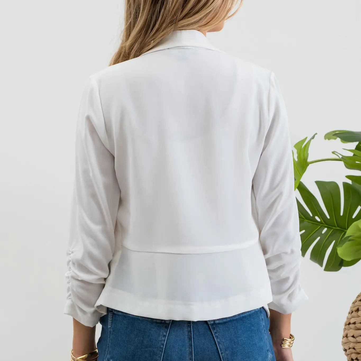 Off White 3/4 Rouched Sleeve Blazer Product Image