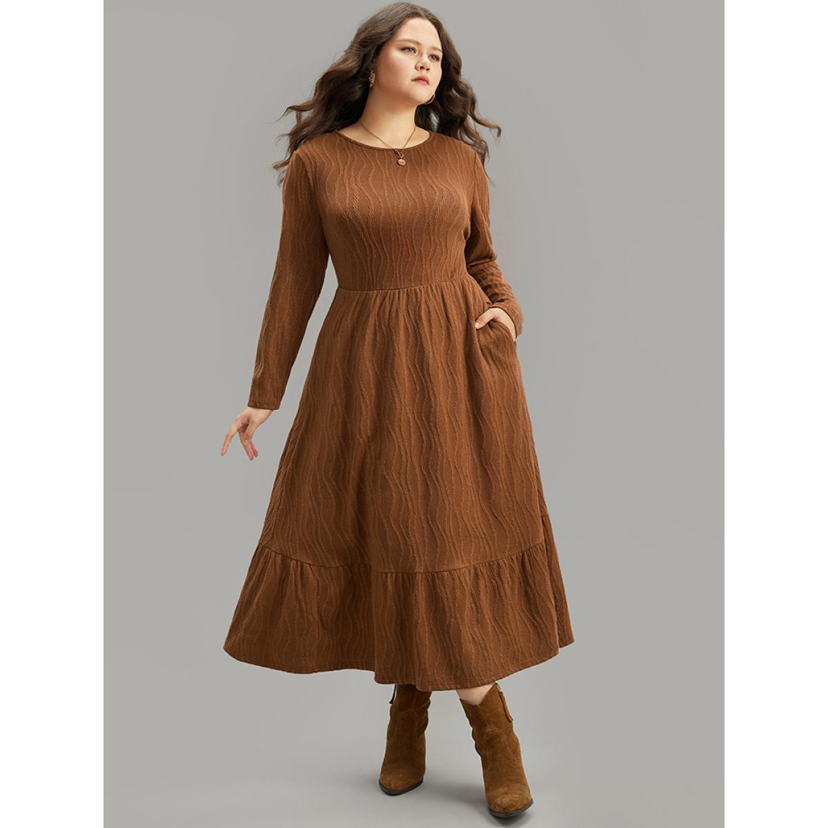 Plus Size Water Ripple Long Sleeve Pocket Dress Rust Women Casual Texture Round Neck Long Sleeve Curvy Midi Dress BloomChic 30/6X Product Image