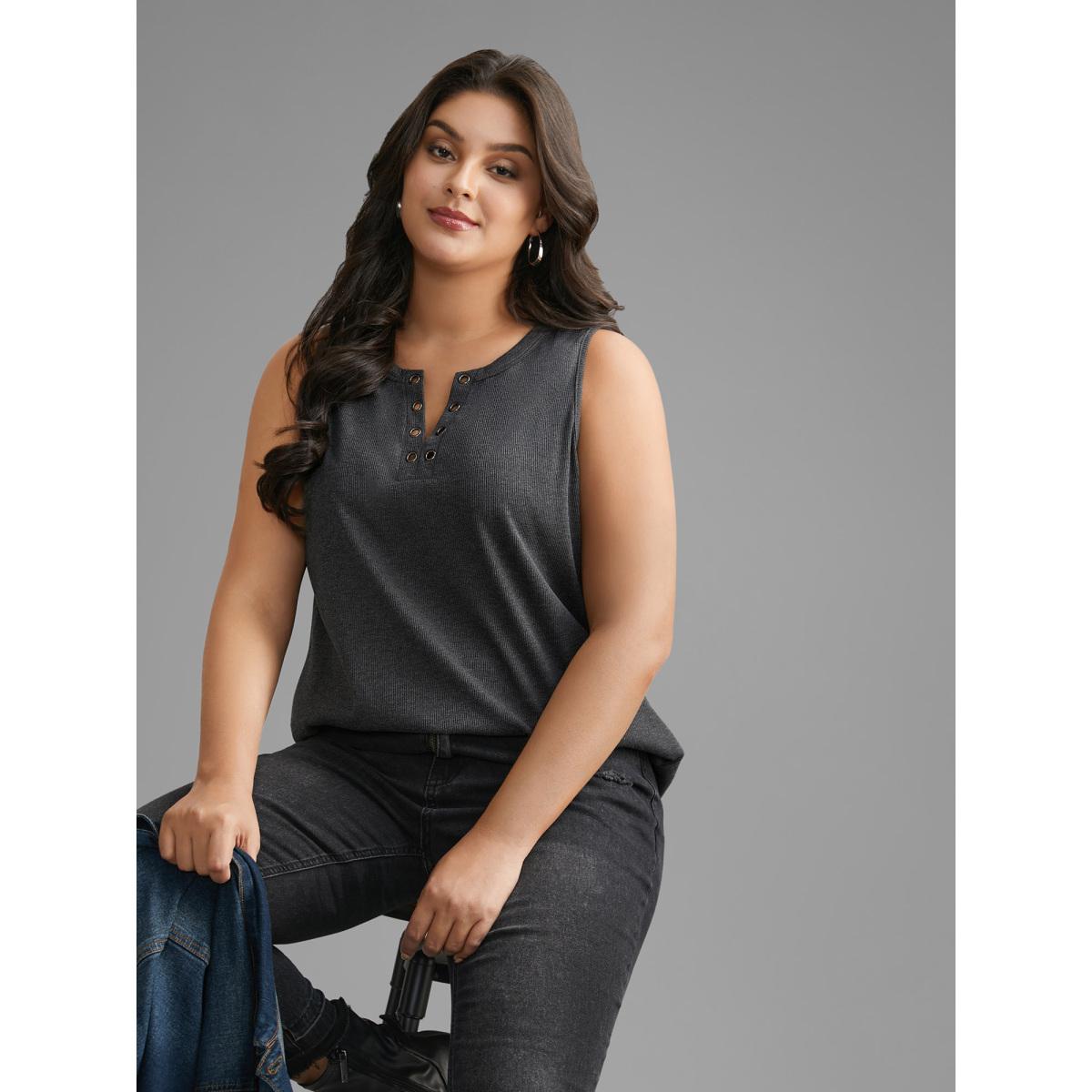 Plus Size Notched Collar Eyelet Tank Top Women DimGray Leisure Eyelet Notched collar Casual Tank Tops Camis BloomChic 26/4X Product Image