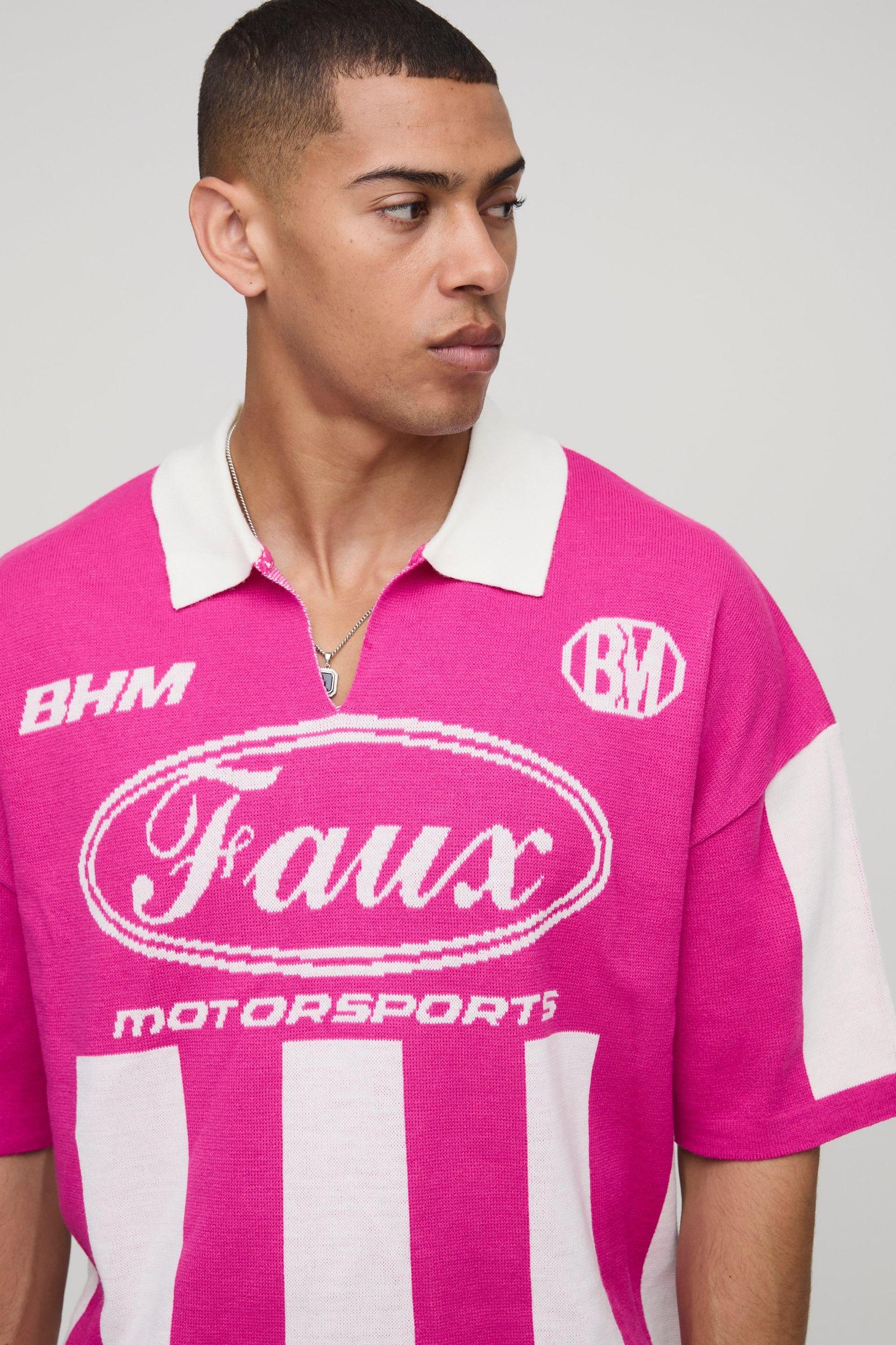 Oversized Boxy Football Knitted Polo | boohooMAN USA Product Image