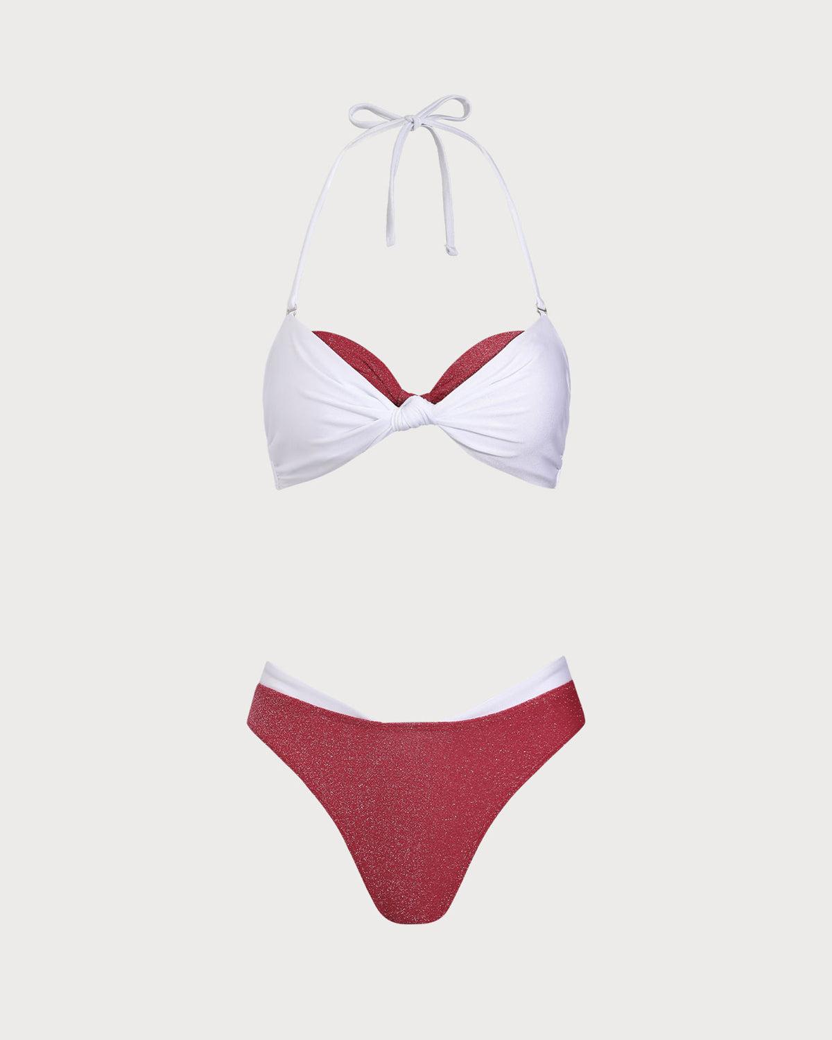 Red Knit Contrast Color Fake Two Piece Bikini Set Product Image