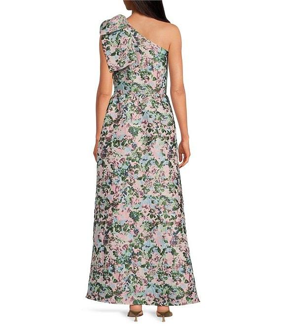 Abbey Glass Caroline Asymmetrical Neck Sleeveless Bow One Shoulder Bow Floral Jacquard Pocketed A-Line Dress Product Image