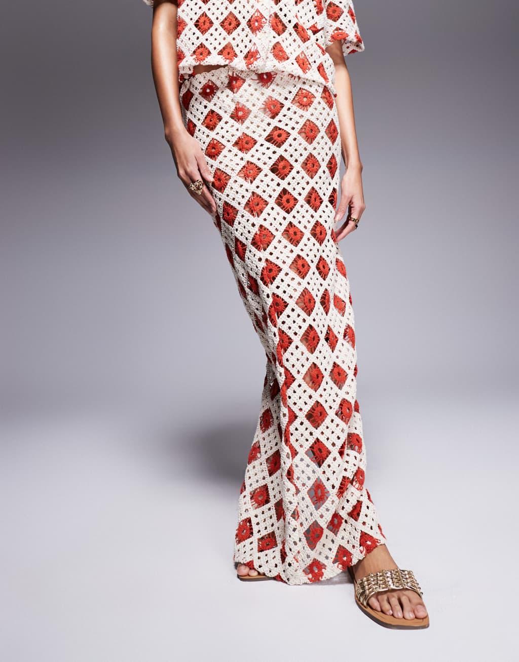 South Beach crochet maxi beach skirt in cream and rust Product Image