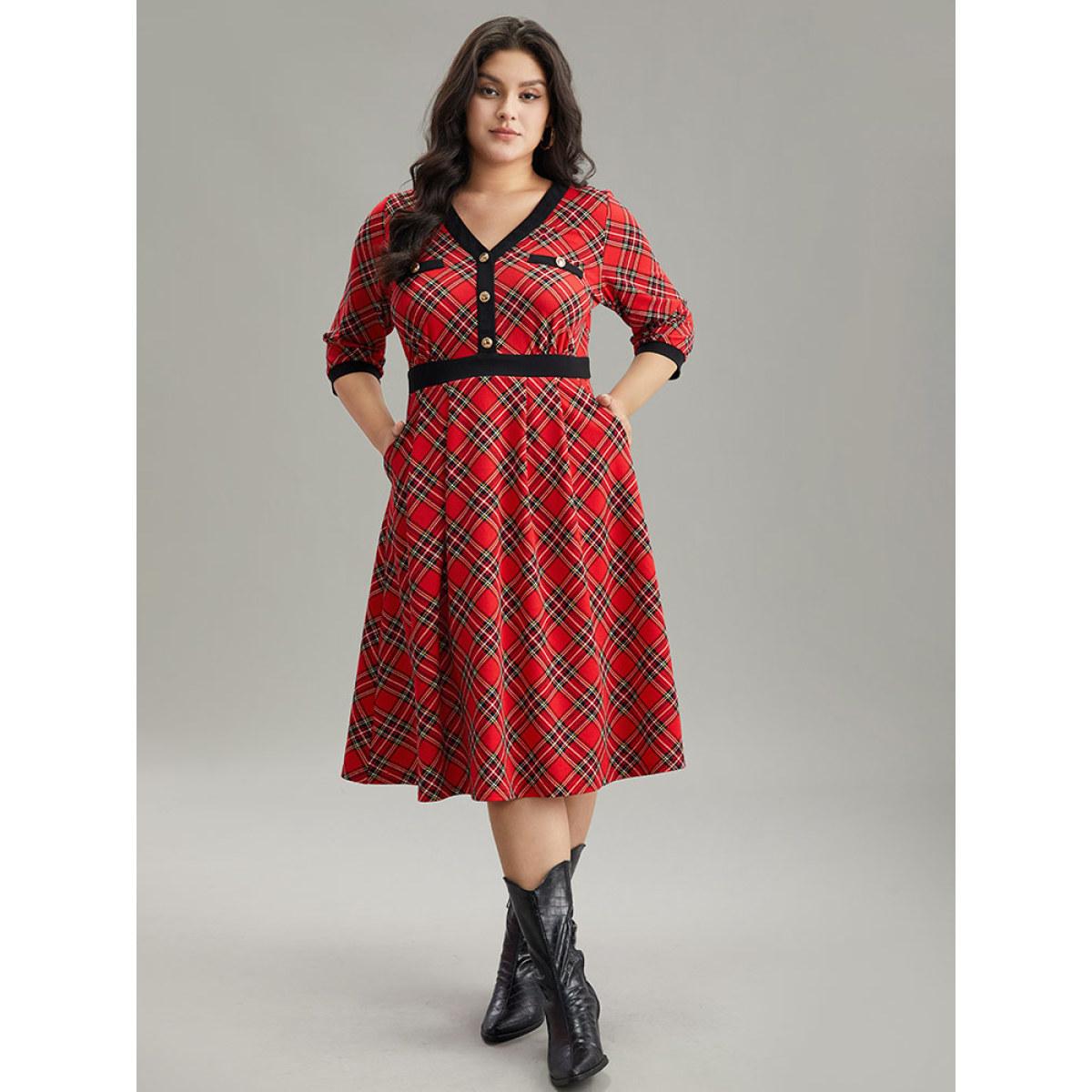 Plus Size Plaid Contrast Trim Pocket Button Detail Dress Raspberry Women Casual Printed V-neck Elbow-length sleeve Curvy Midi Dress BloomChic 10/M Product Image