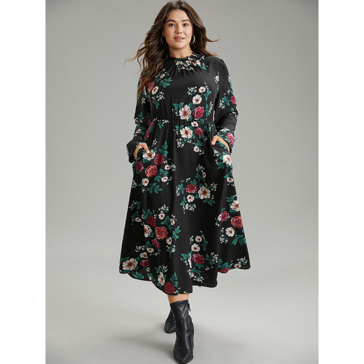 Plus Size Floral Print Shirred Mock Neck Dress Black Women Elegant Printed Mock Neck Long Sleeve Curvy Midi Dress BloomChic 26/4X Product Image