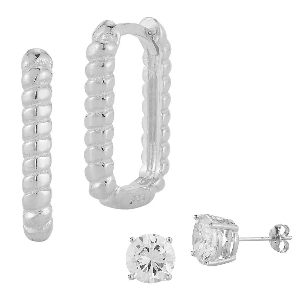 Sunkissed Sterling Cubic Zirconia Stud & Hoop Earring Set, Women's, Silver Tone Product Image