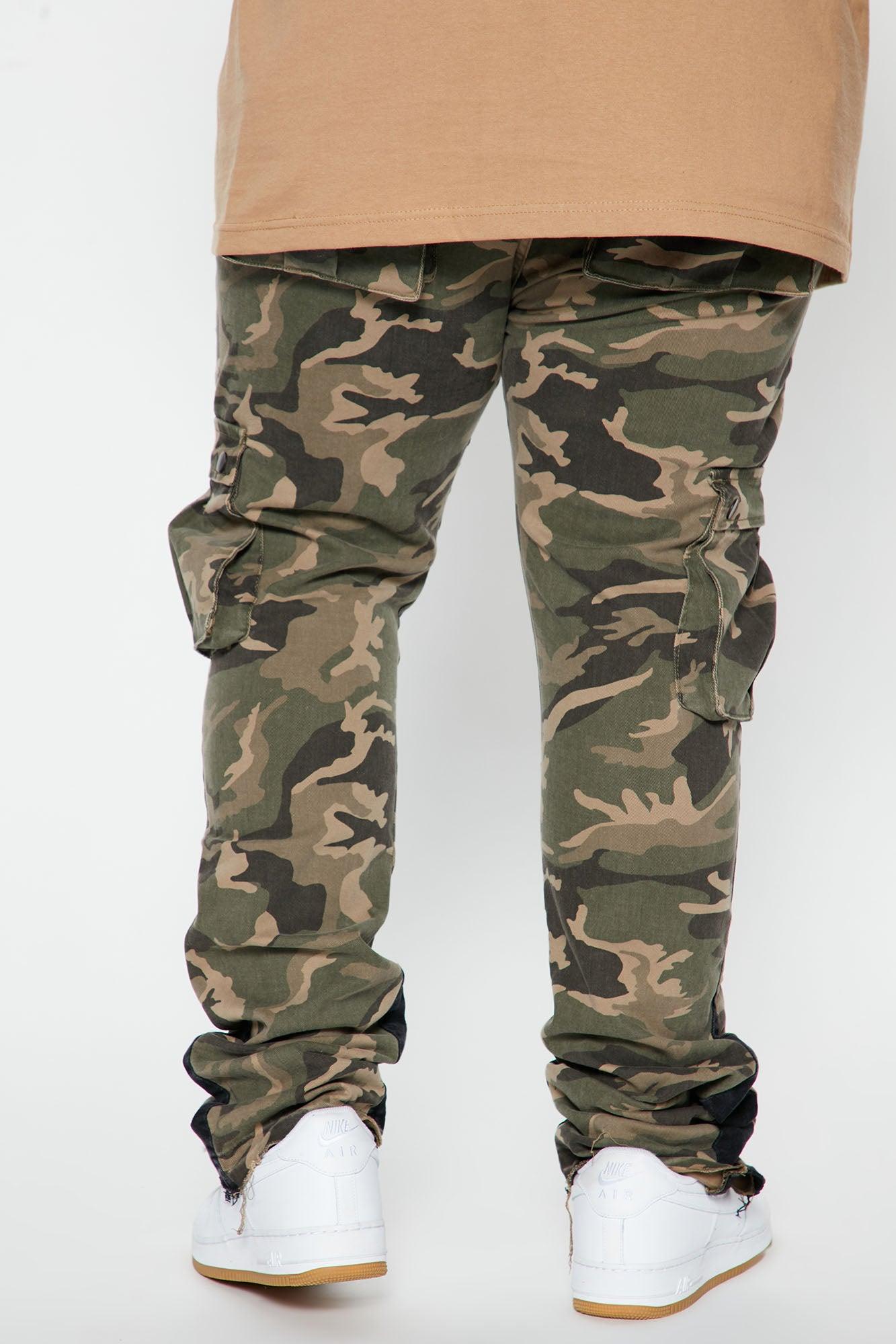 Contrast Skinny Stacked Flared Cargo Pants - Camouflage Product Image
