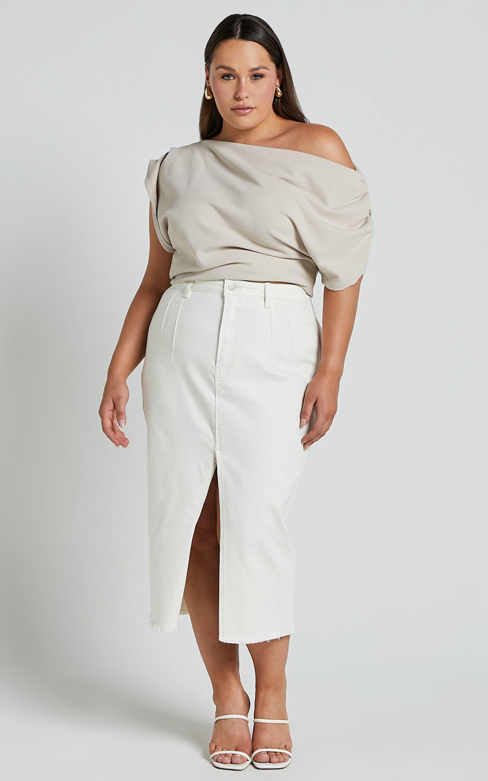 Janeve Midi Skirt - Front Split Denim Skirt in Ecru Product Image